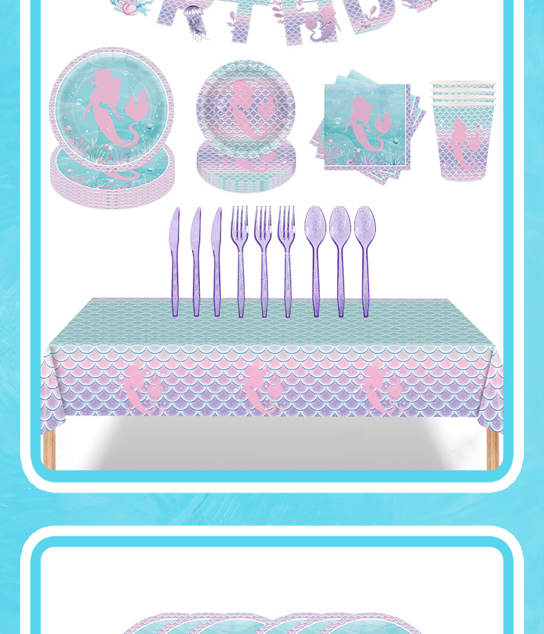 Mermaid Disposable Tableware Set - Kids Birthday Party Supplies Mermaid Disposable Tableware Set