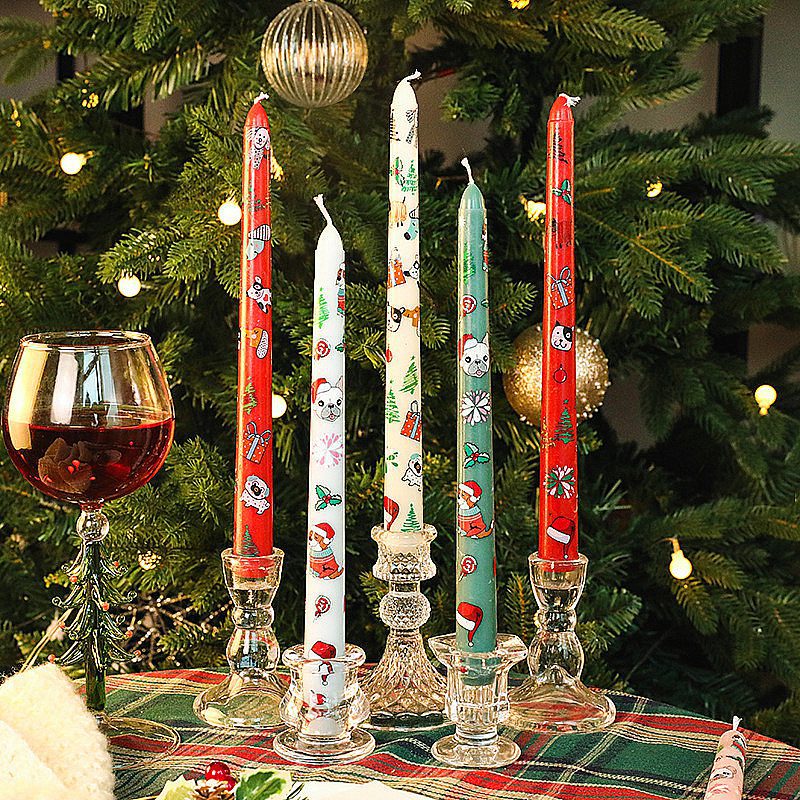 Christmas Taper Candle with Printed Pattern - Festive Decor for Holidays Christmas taper candle