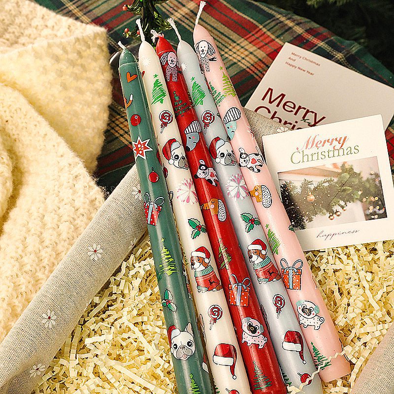 Christmas Taper Candle with Printed Pattern - Festive Decor for Holidays Christmas taper candle