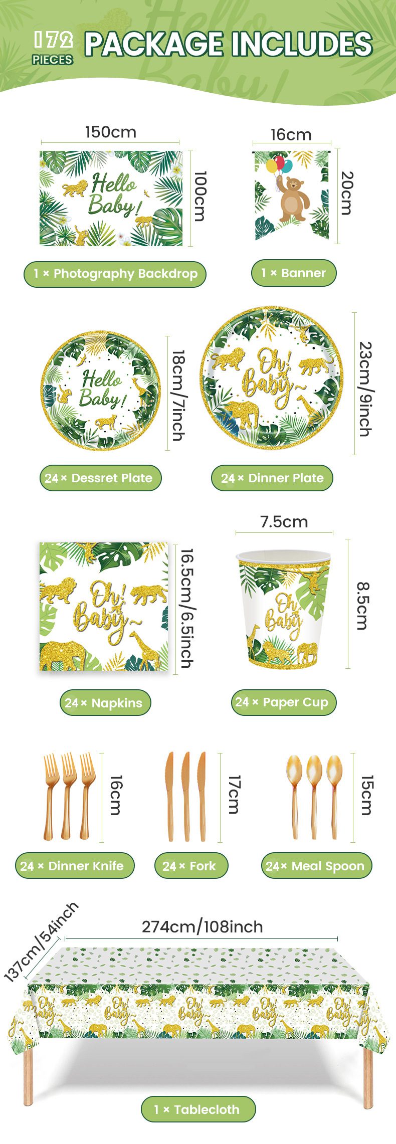 Baby Shower Tableware Set - Jungle Safari Theme Party Supplies Baby Shower Tableware