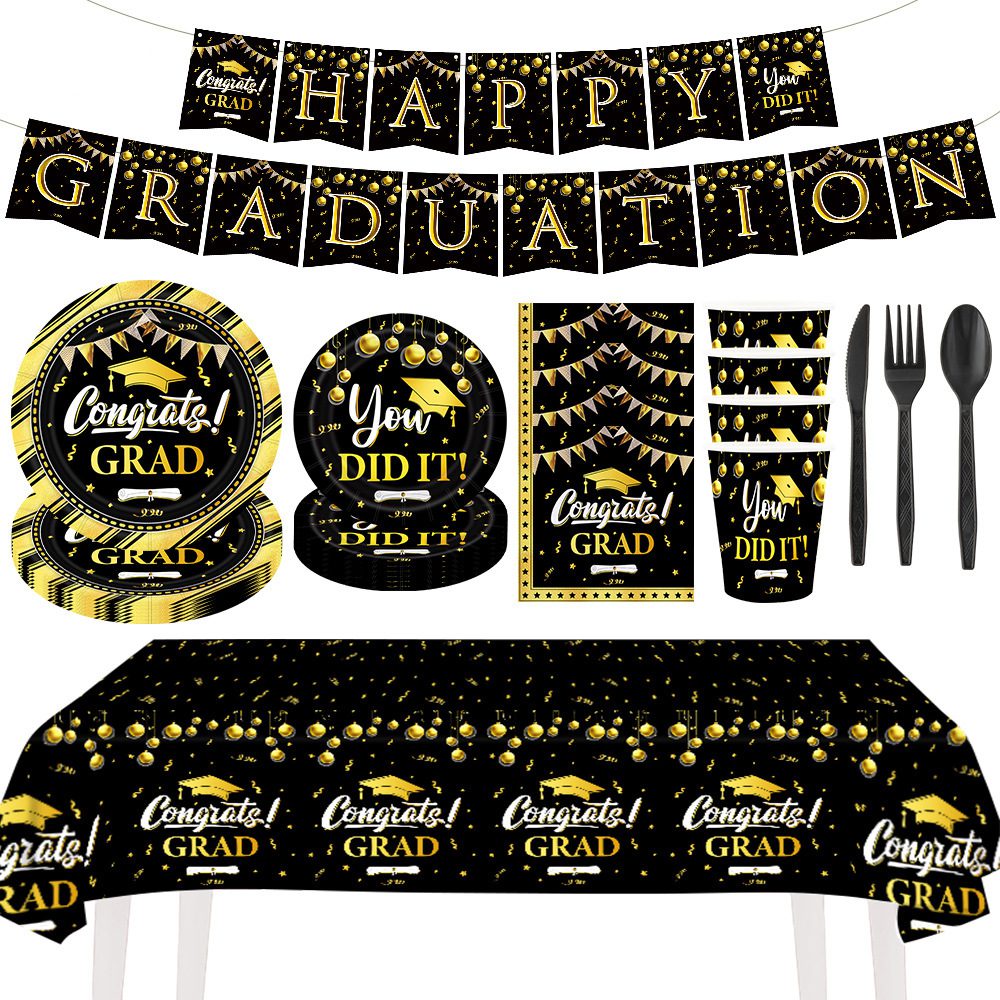 Graduation Party Disposable Plates and Cups - Black & Gold Congrats Theme Supplies Set