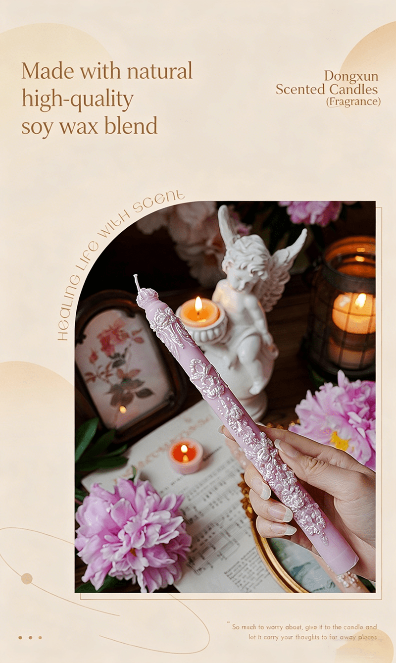 Vintage Embossed Floral Taper Candle - Soywax Long Candle Floral Taper Candle