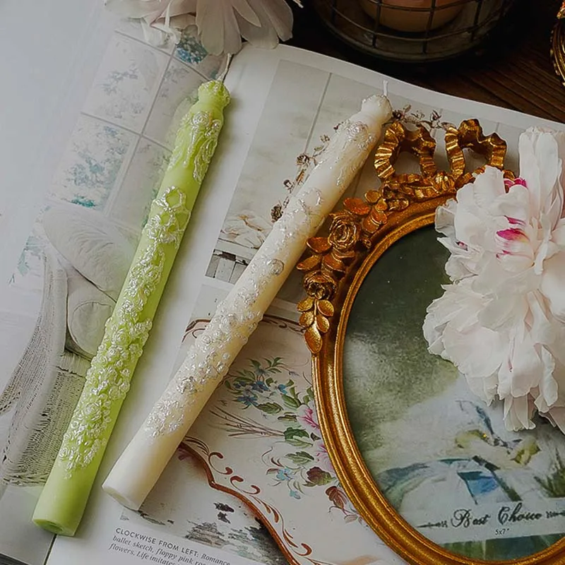 Vintage Embossed Floral Taper Candle - Soywax Long Candle Floral Taper Candle
