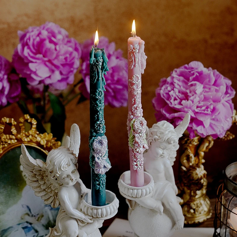Vintage Embossed Floral Taper Candle - Soywax Long Candle Floral Taper Candle