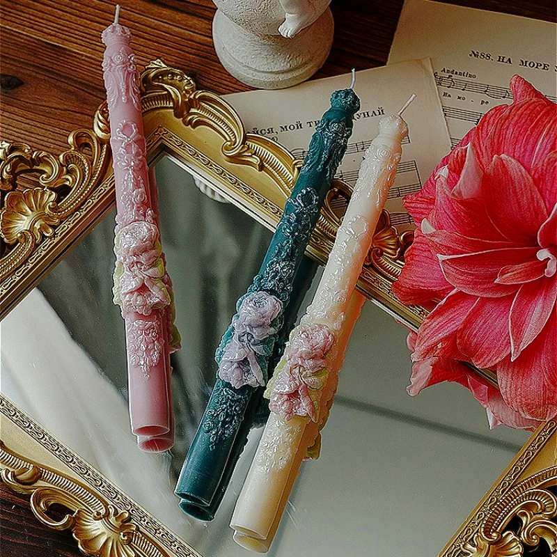 Vintage Embossed Floral Taper Candle - Soywax Long Candle Floral Taper Candle