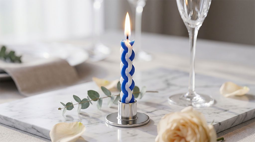 Modern bulk Havdalah candles custom colors burning at a luxury Saturday night Jewish wedding