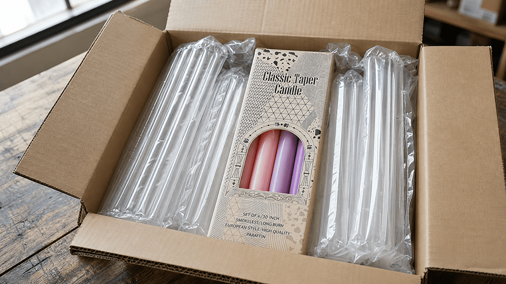 4 Costly Mistakes When Sourcing Wholesale Candles for Boutiques (And How to Avoid Them) Retail-ready candle packaging with air columns protecting aesthetic taper candles bulk