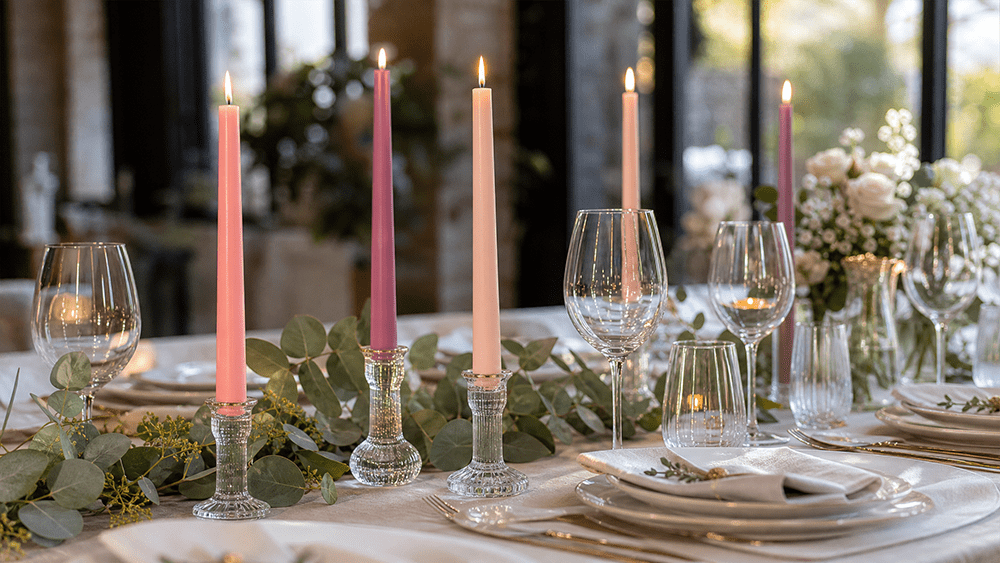 Unscented taper candles for weddings arranged as unique event decor on a dining table