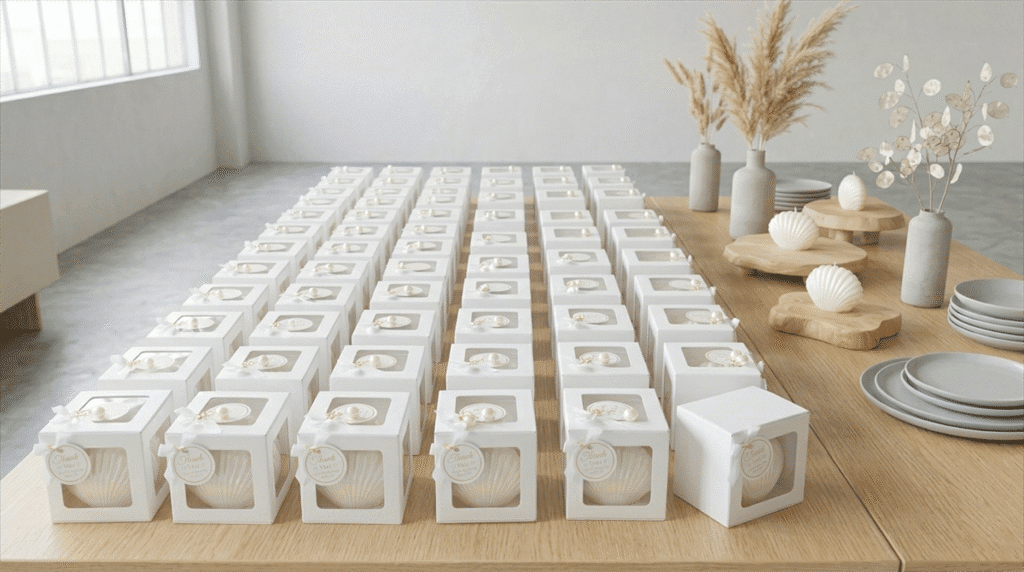 Accueil Premium white shell personalized wedding favor candles in clear-window gift boxes, manufactured with a 200 MOQ.