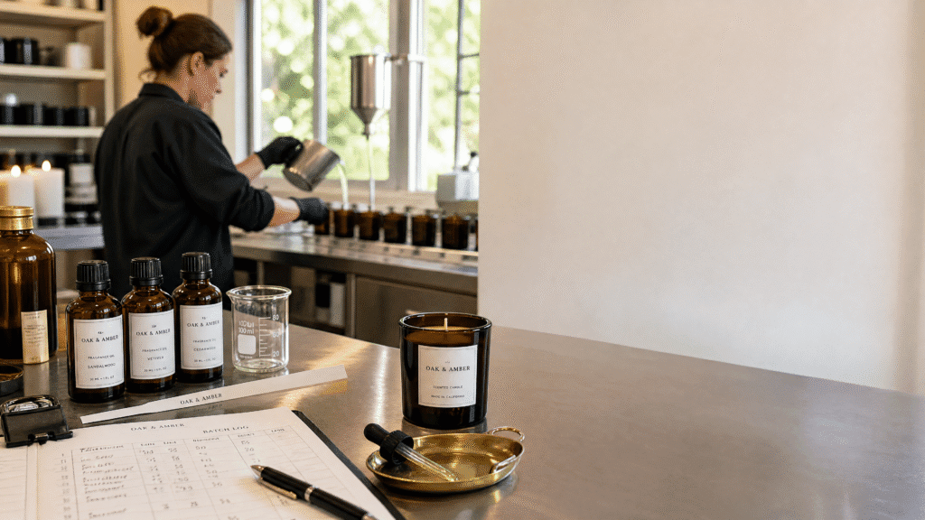 Private label candle manufacturer evaluation focusing on batch testing tools and fragrance load setups
