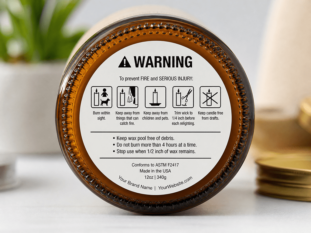 Custom candle safety labels with compliant warning codes on retail vessels