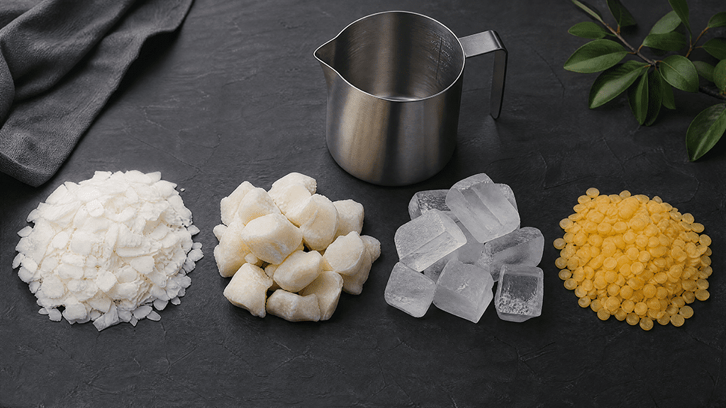 Accueil Different types of bulk candle wax including soy flakes, coconut wax, and beeswax pellets for wholesale manufacturing