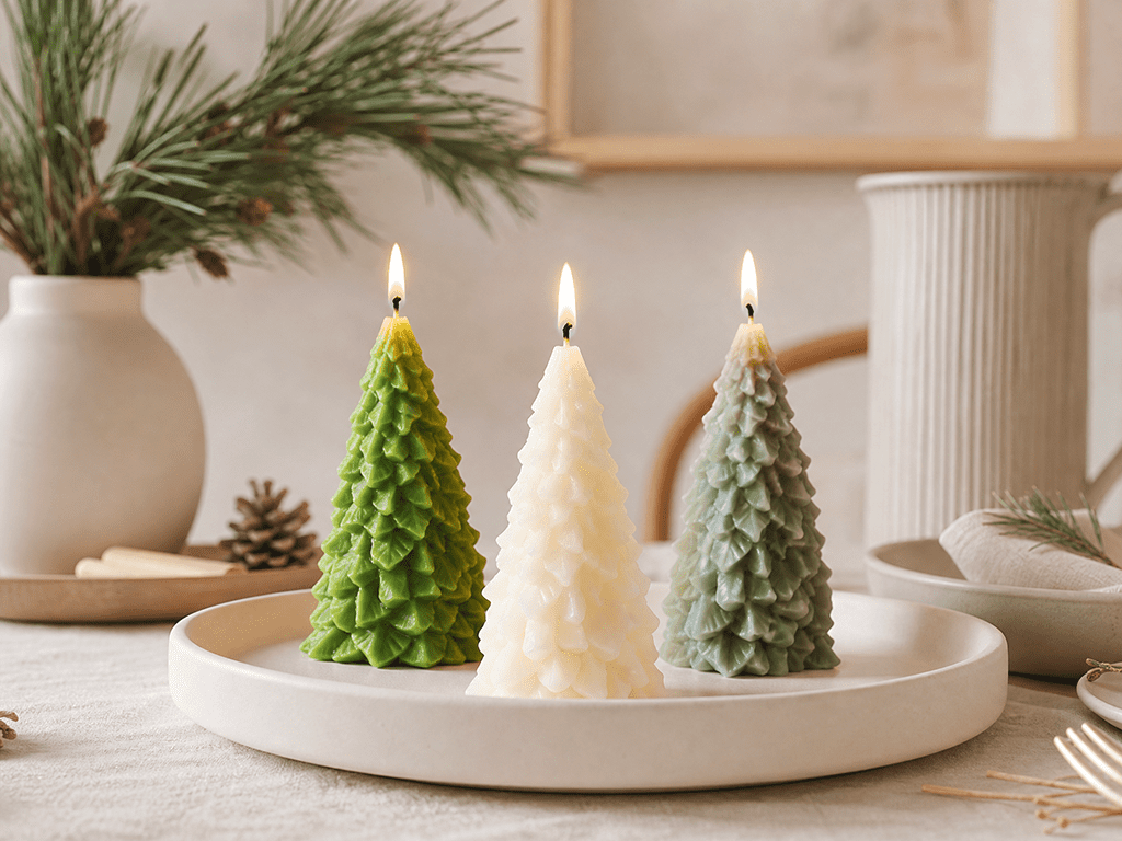 Geometric Christmas tree taper candles wholesale for elegant holiday table decorations.