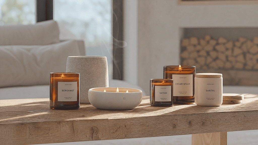 Luxury scented candles in amber glass jars