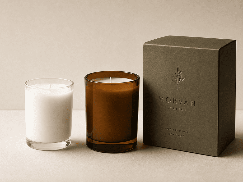 What Is MOQ in Candle Manufacturing? How New Brands Can Start with Lower Minimum Orders Plain white label soy candle next to minimal packaging boxes on a soft linen backdrop