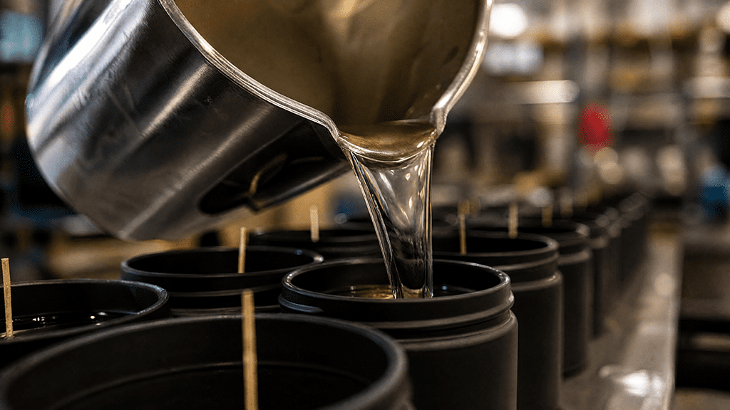 Bulk Candle Wax Guide: 4 Best Types Used for Candles Pouring liquid wholesale soy candle wax into glass vessels during mass production