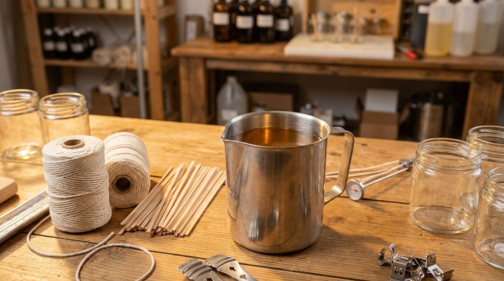 Accueil Professional candle making process showing different types of candle wicks like cotton and wood on a workbench