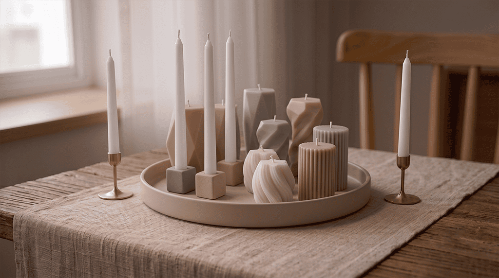 Candle for Dining Table Decor Ideas for Everyday Styling and Events A large minimalist round tray holding a full collective arrangement of geometric pillar candles and tall tapers as a luxury dining table centerpiece.