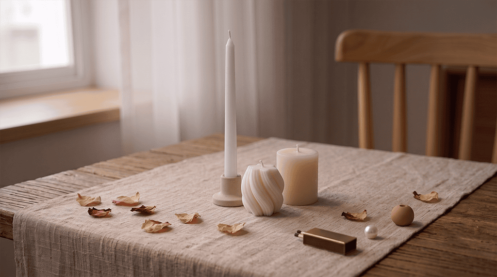Candle for Dining Table Decor Ideas for Everyday Styling and Events A tight trio cluster of wholesale decorative candles styled together as a tabletop centerpiece.