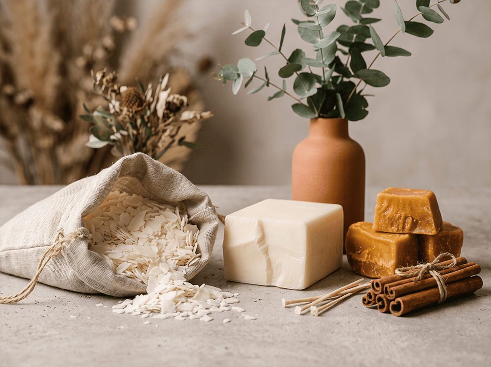 Eco-Friendly Wholesale Candles: The Ultimate Buyer's Guide for Sustainable Brands Bulk botanical candle raw materials featuring soy flakes, coconut wax, and organic beeswax