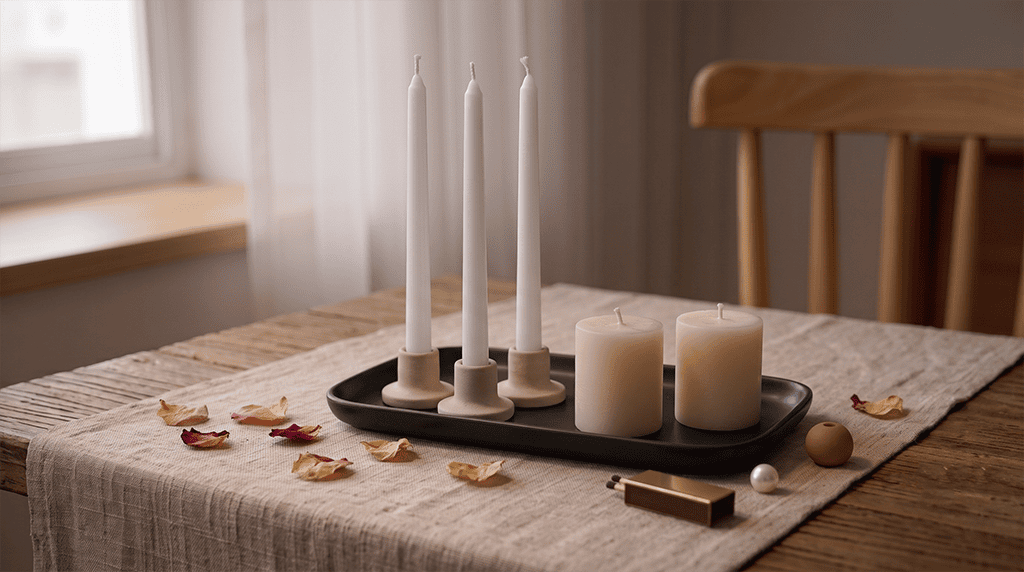 Candle for Dining Table Decor Ideas for Everyday Styling and Events Dining table candle decor demonstrating height variation with three tall white taper candles and two short cream pillar candles.