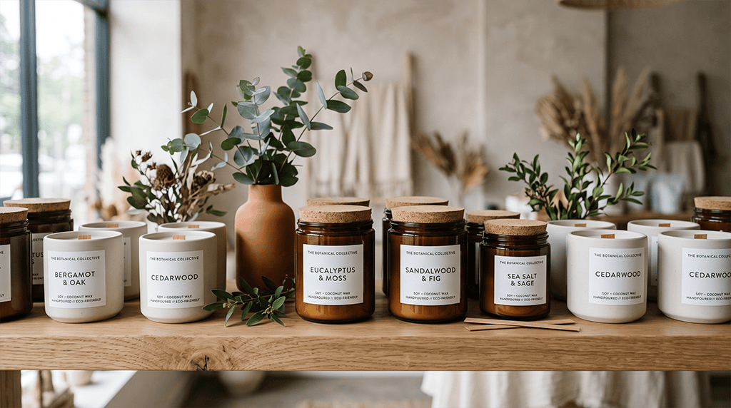 Premium eco-friendly wholesale candles in sustainable retail packaging.