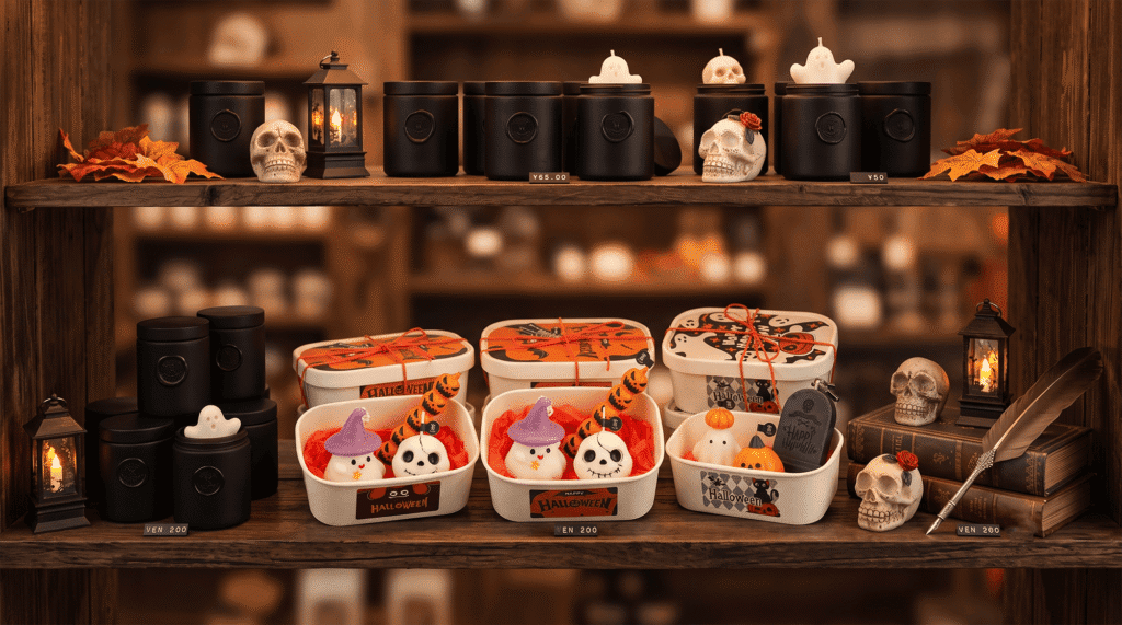 Wholesale Halloween Candles premium autumn holiday collection display on boutique shelves