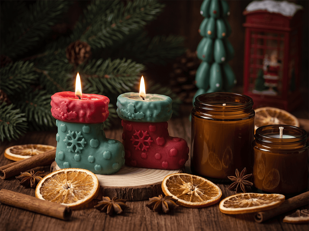 Christmas Scented Candles: A Wholesale Buying Guide for Retailers and Brands christmas scented candles elegant winter spice raw ingredients flanking detailed botanical wax holiday product setups