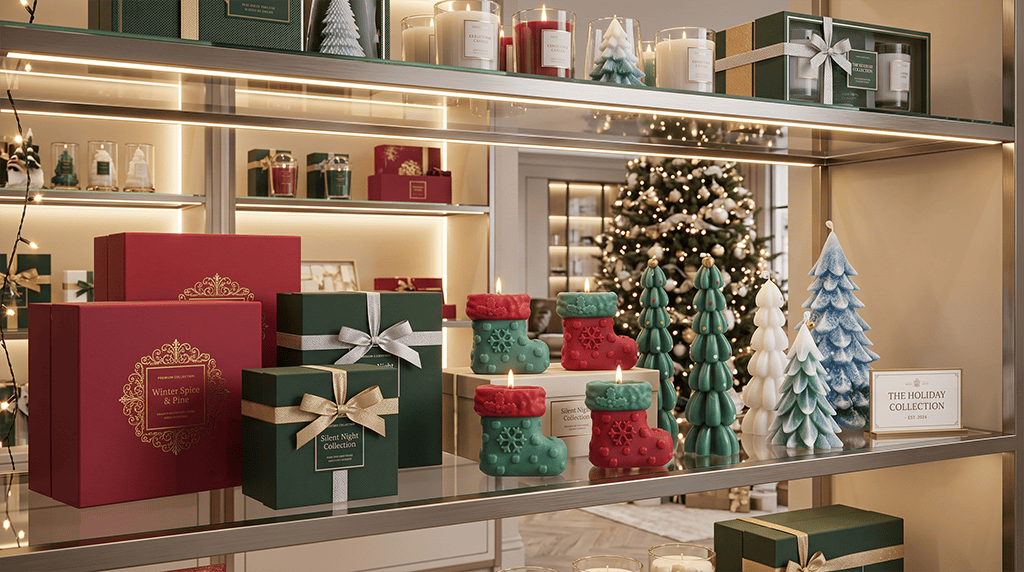 christmas scented candles premium luxury collection displayed beautifully on boutique shelves under ambient holiday lighting.