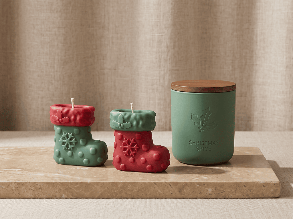 Christmas Scented Candles: A Wholesale Buying Guide for Retailers and Brands christmas scented candles sculptural tree designs alongside traditional geometric holiday jar candle formats on display.