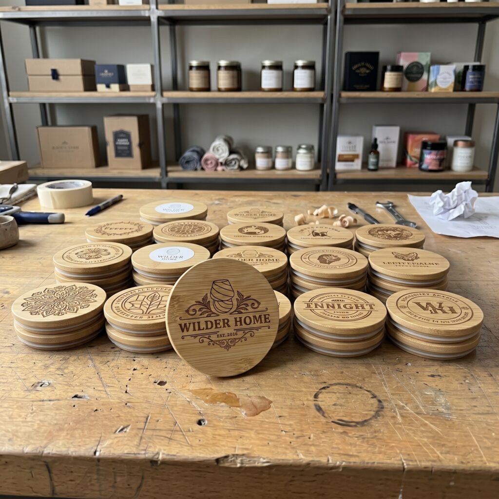 Custom & Private Candles Silk screen printed logos and engraved bamboo lids.