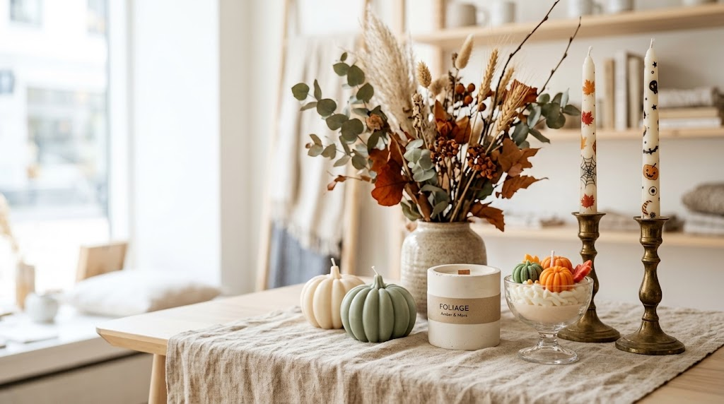 Best fall candles collection featuring artisanal vessels and unscented printed tapers for boutique retail displays