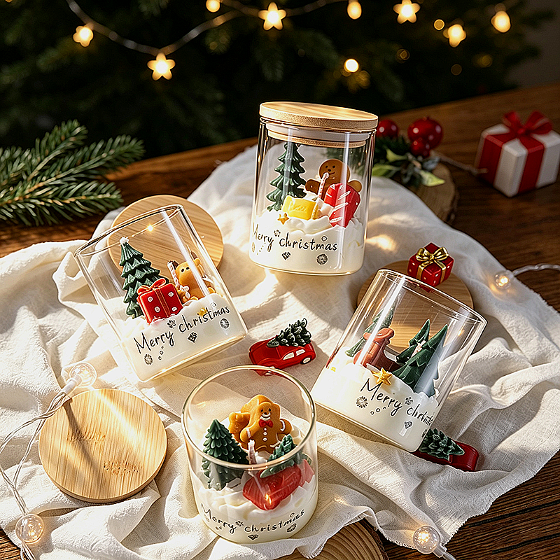 Candle Christmas Ornament | Glass Jar Holiday Scented Candle Candle christmas ornament in glass jar with 3D tree and bear figurine