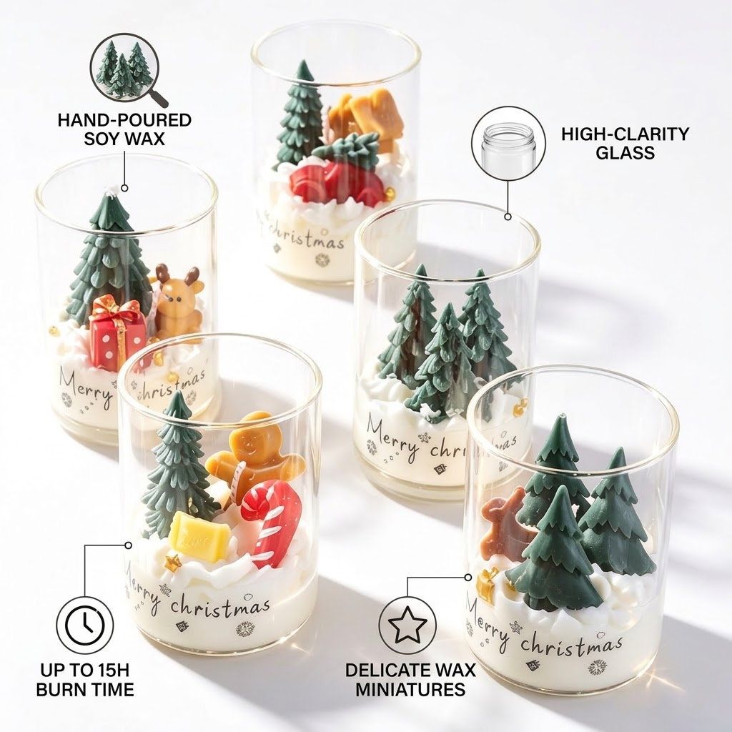 Candle Christmas Ornament | Glass Jar Holiday Scented Candle Candle christmas ornament in glass jar with 3D tree and bear figurine