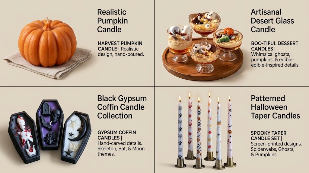 Best Fall Candles 2026: Sourcing Guide for Boutique Retailers Four core wholesale fall candle formats realistic pumpkin, dessert sundae, gypsum coffin, and printed unscented tapers