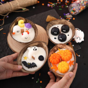 Halloween Coconut Shell Candle | Monster Trio Wood Wick Decor