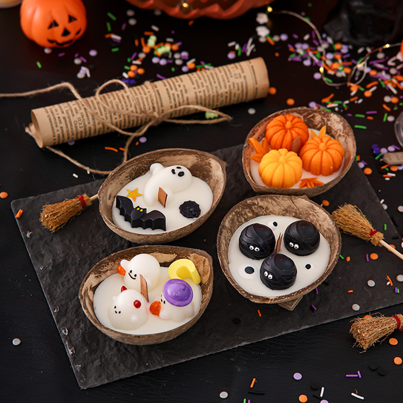 Halloween Coconut Shell Candle | Monster Trio Wood Wick Decor Halloween Coconut Shell Candle | Monster Trio Wood Wick Decor