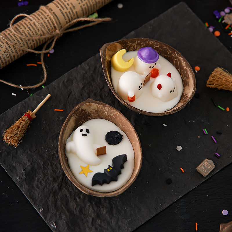 Halloween Coconut Shell Candle | Monster Trio Wood Wick Decor Halloween Coconut Shell Candle | Monster Trio Wood Wick Decor