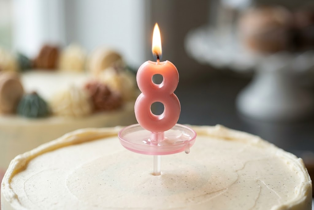 Number Birthday Candles: Bakery Wholesale Guide Number birthday candle with built-in plastic drip tray catching melting wax above frosting.