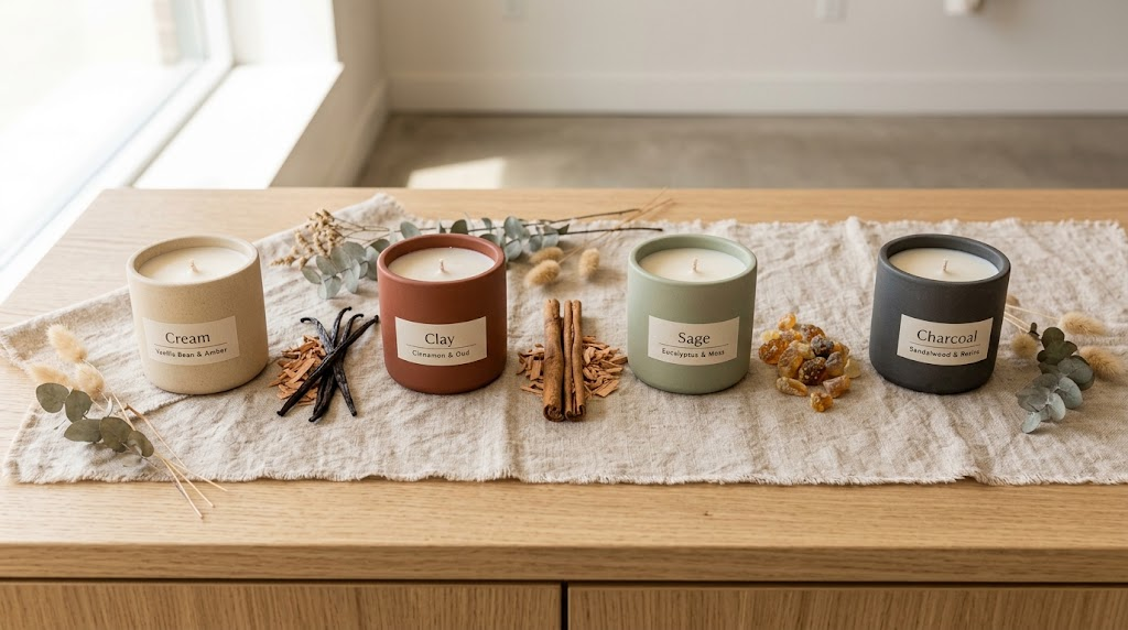 Fall Candle Scents: Sourcing & Assortment Retail Guide Scented candles for fall arranged neatly by fragrance family in a boutique store