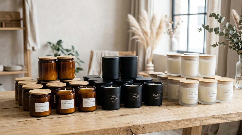 bulk scented candles in jars wholesale collection displayed on an oak boutique table