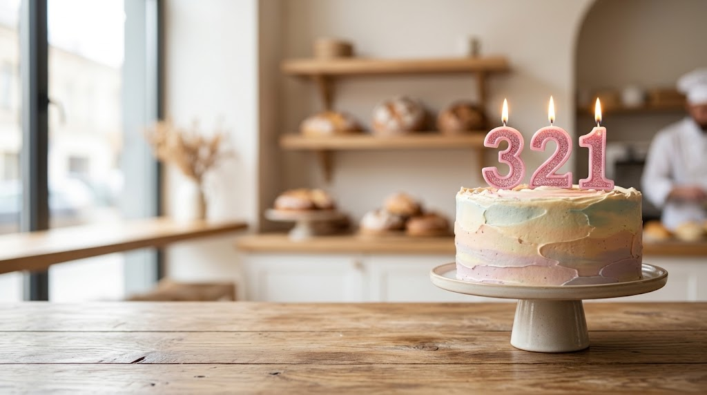 decorated birthday cake in a modern European or North American bakery